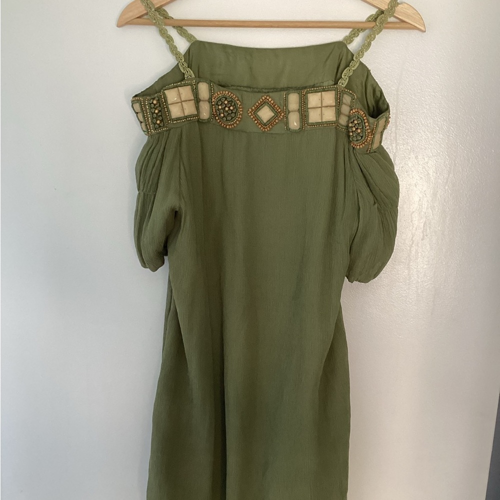 Vintage Style Gold Hawk Green Pleated Cold Shoulder Sundress S - Picture 6 of 11